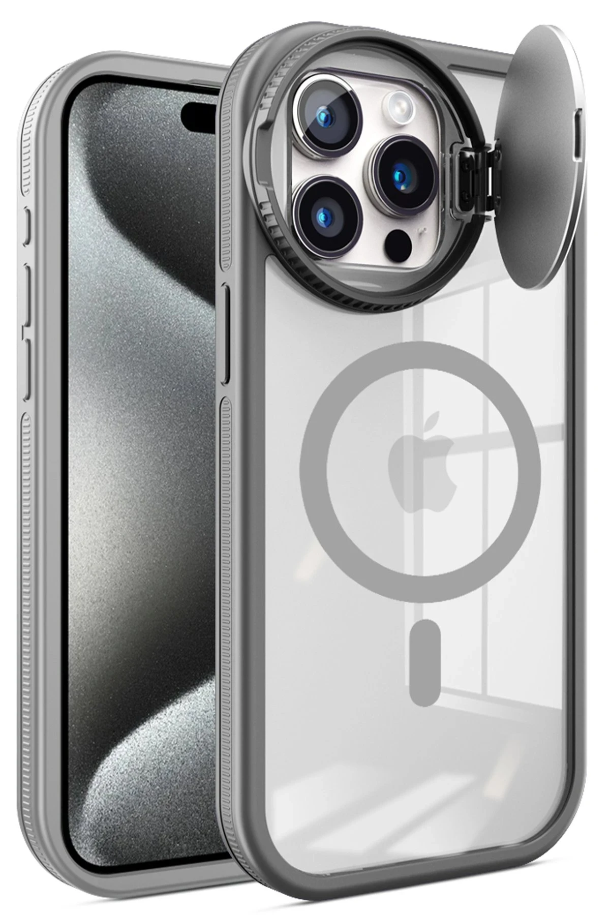 Newface iPhone 15 Pro Max Kılıf Teleskop Lens Magsafe Silikon Kapak - Titan Gri