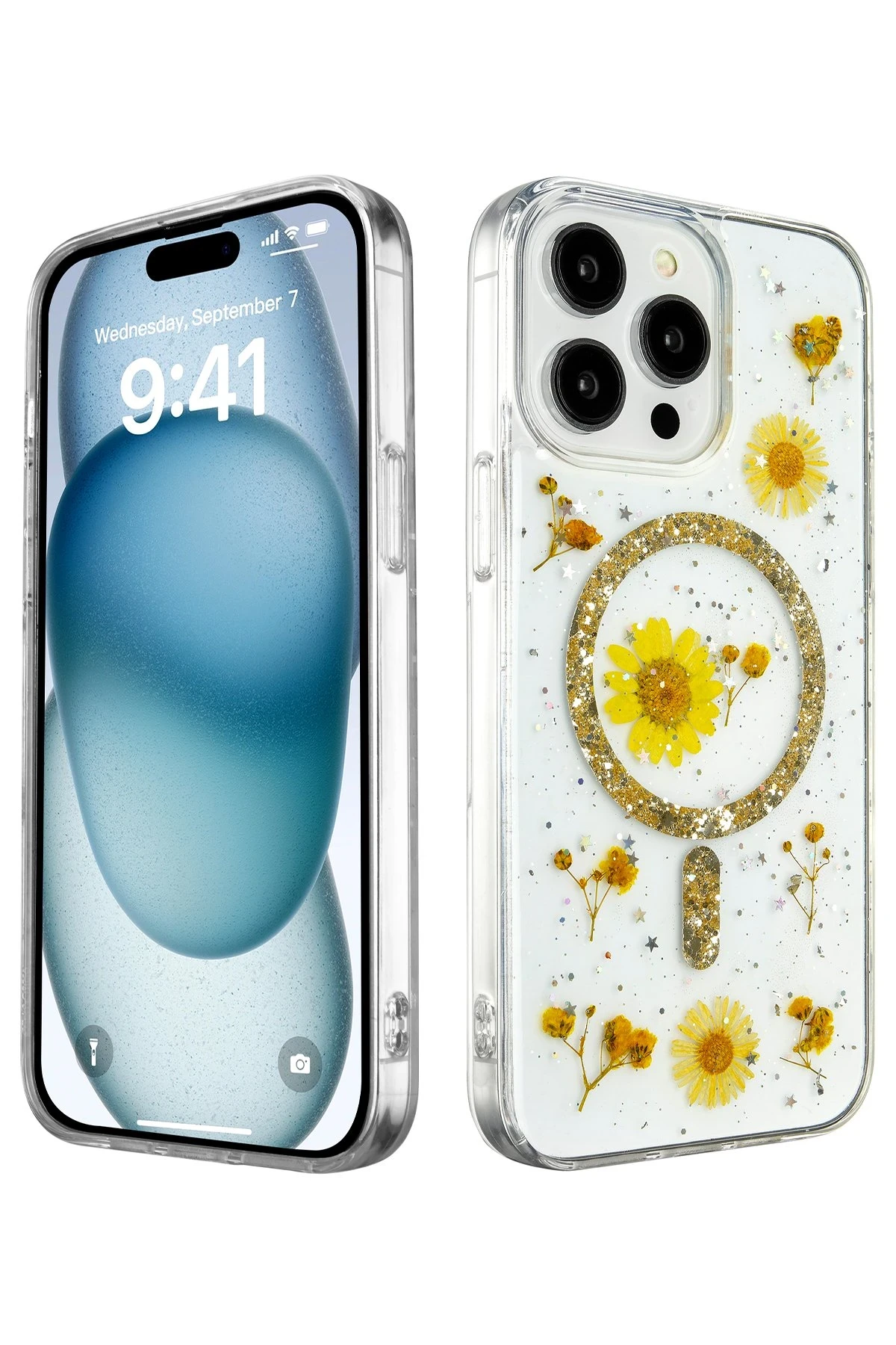 Newface iPhone 15 Pro Kılıf Daisy Simli Magsafe Kapak - Gold