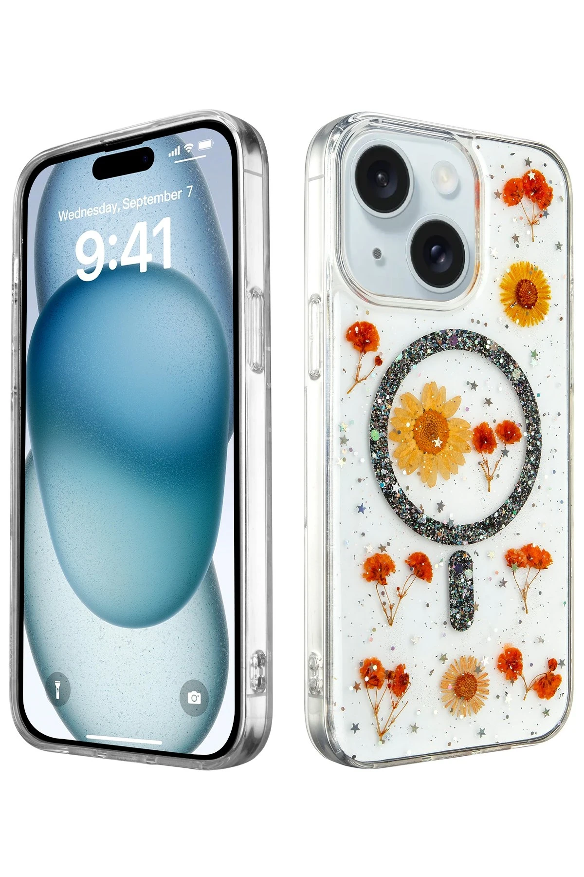 Newface Apple iPhone 15 Plus Kılıf Daisy Simli Magsafe Kapak - Siyah