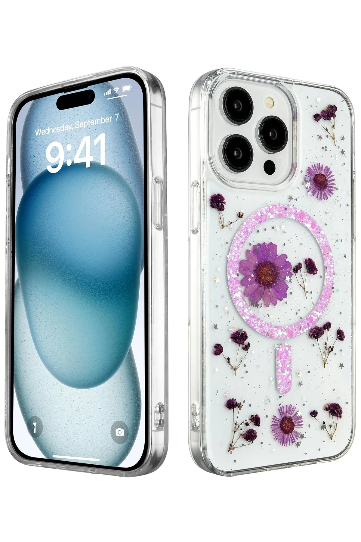 Newface iPhone 15 Pro Max Kılıf Daisy Simli Magsafe Kapak - Mor