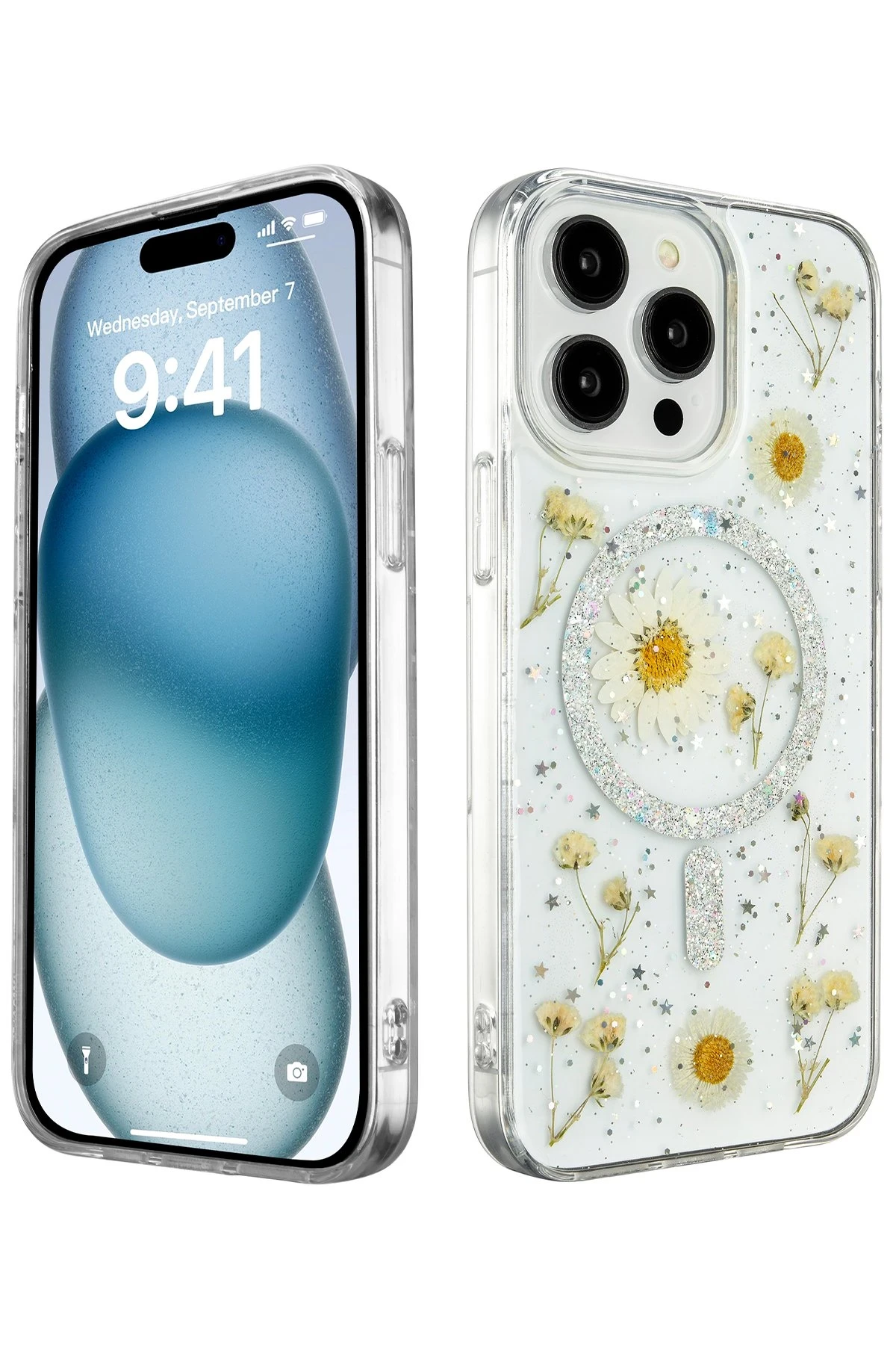 Newface iPhone 15 Pro Max Kılıf Daisy Simli Magsafe Kapak - Gümüş