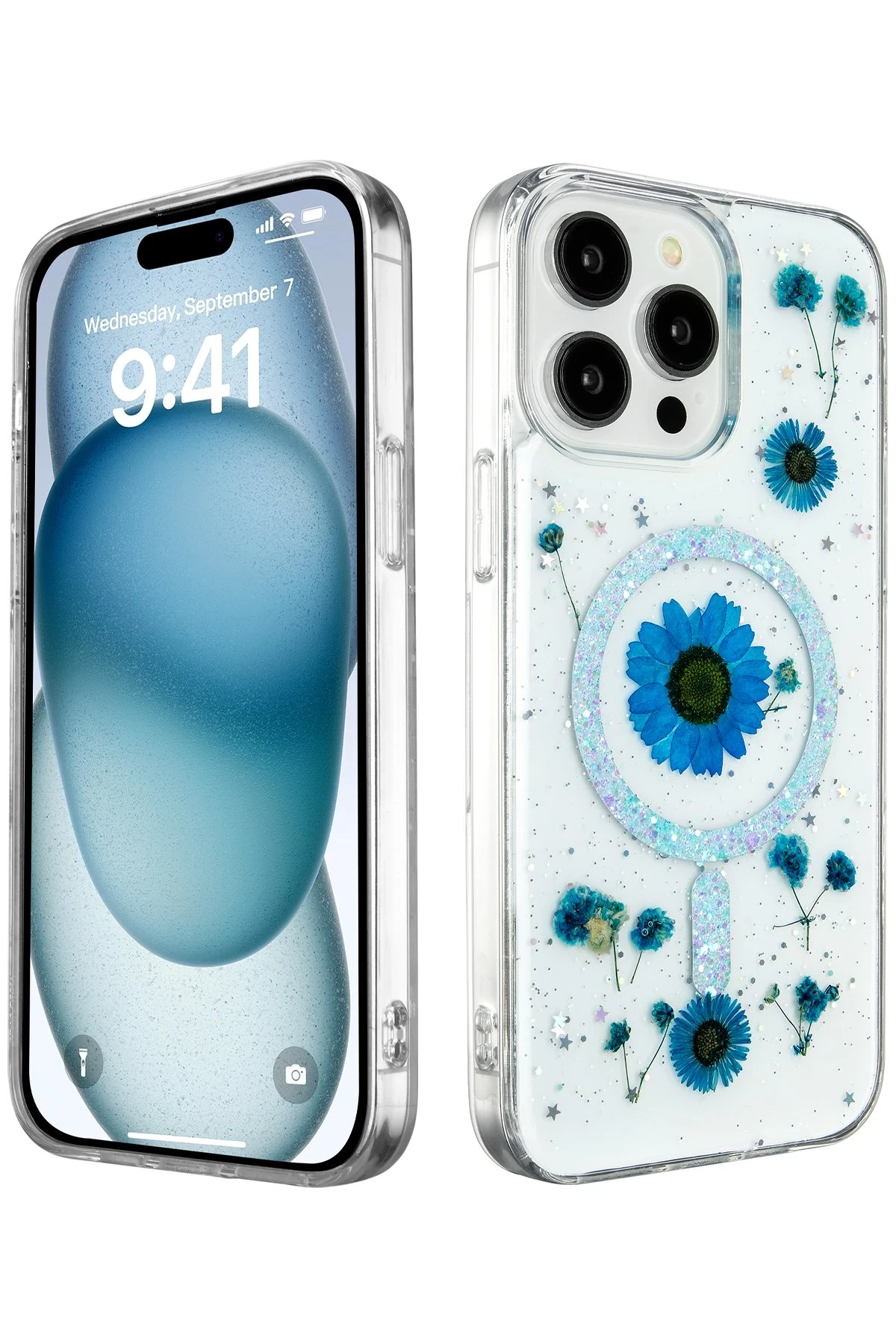 Newface iPhone 15 Pro Max Kılıf Daisy Simli Magsafe Kapak - Mavi