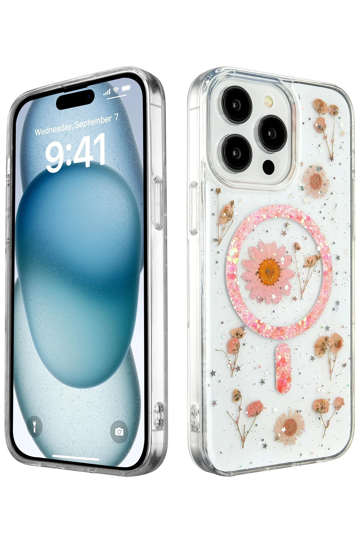 Newface iPhone 15 Pro Max Kılıf Daisy Simli Magsafe Kapak - Pembe
