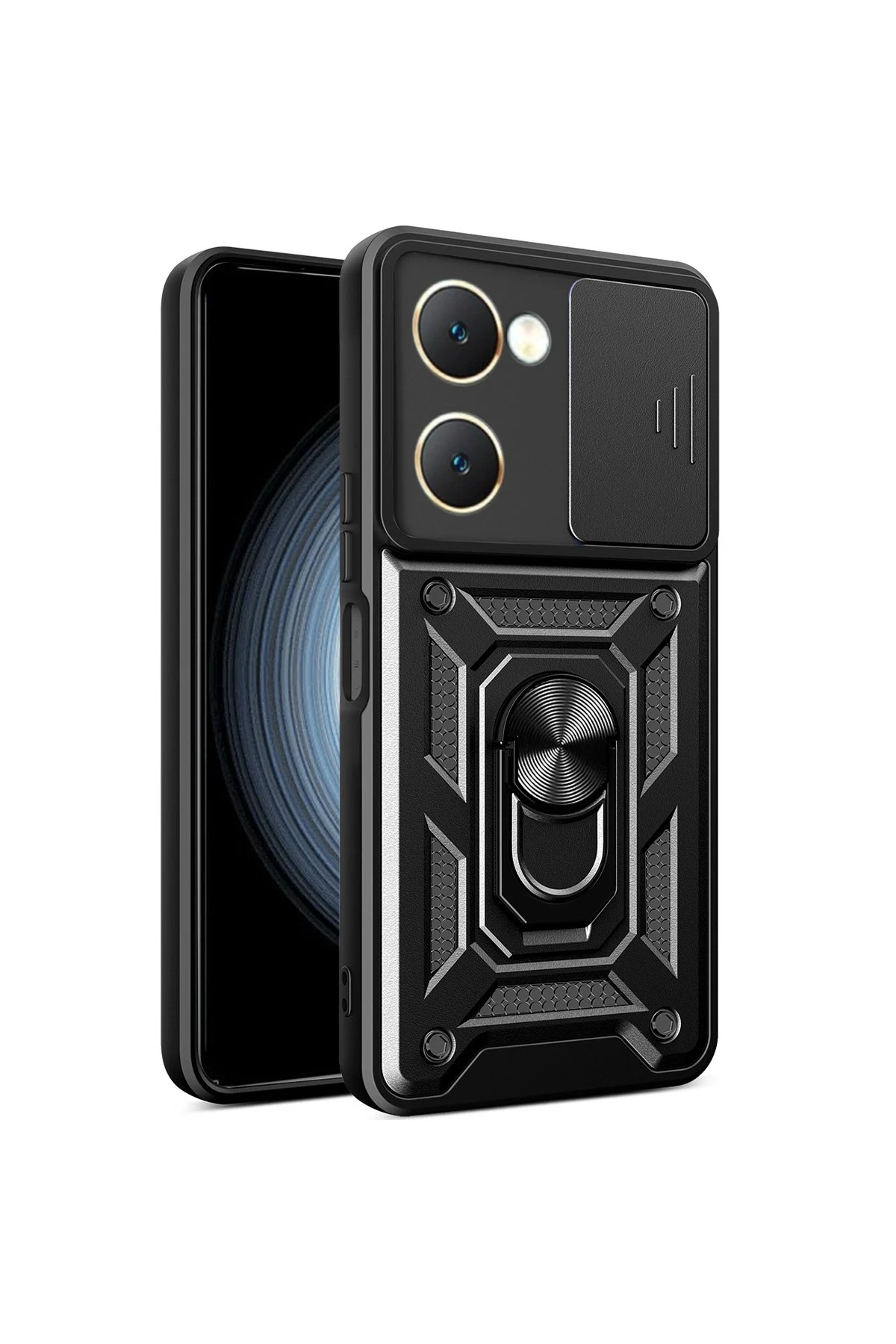 Newface Vivo Y18 Kılıf Pars Lens Yüzüklü Silikon - Siyah