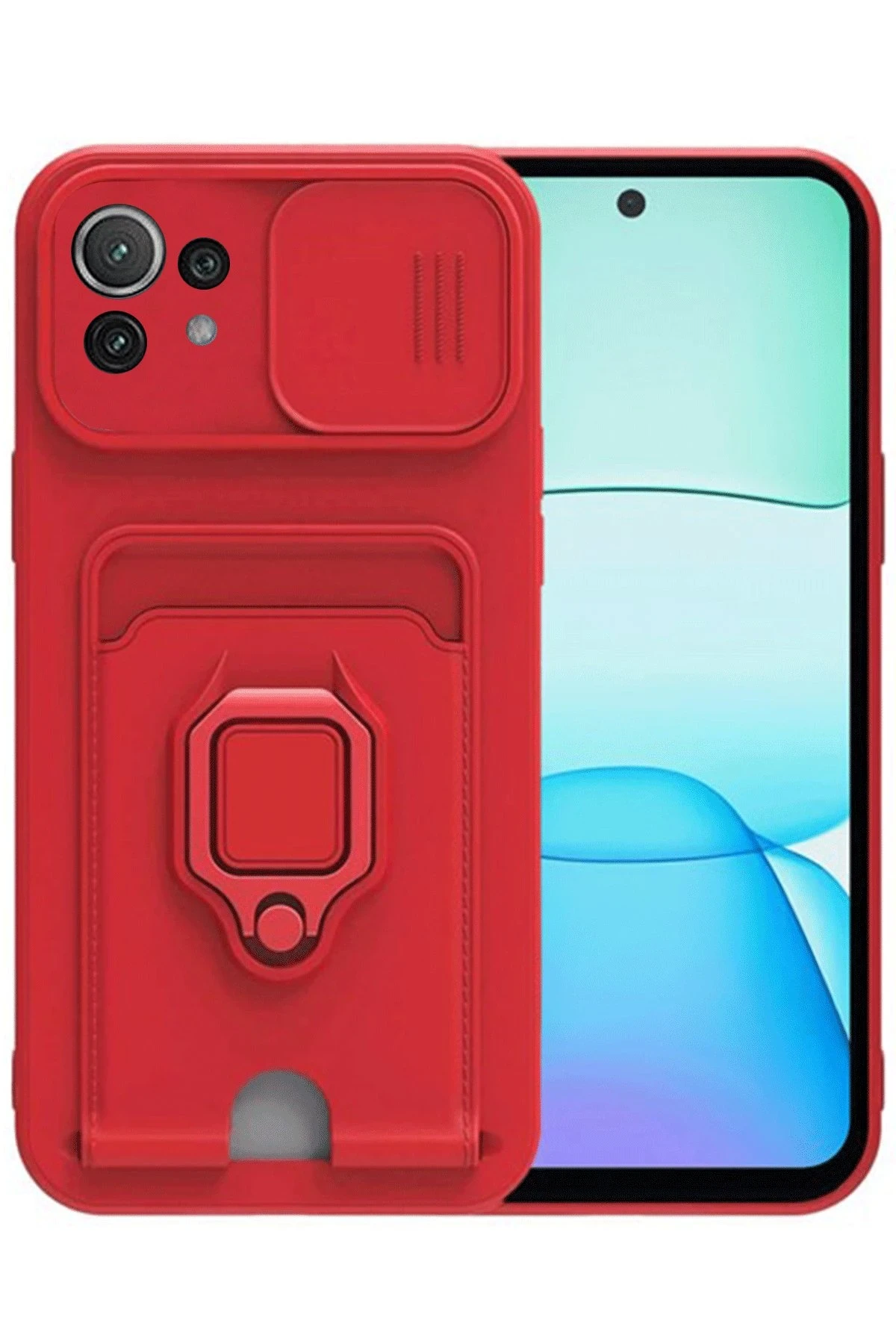Newface Xiaomi Mİ 11 Lite Kılıf Zuma Kartvizitli Yüzüklü Silikon - Kırmızı