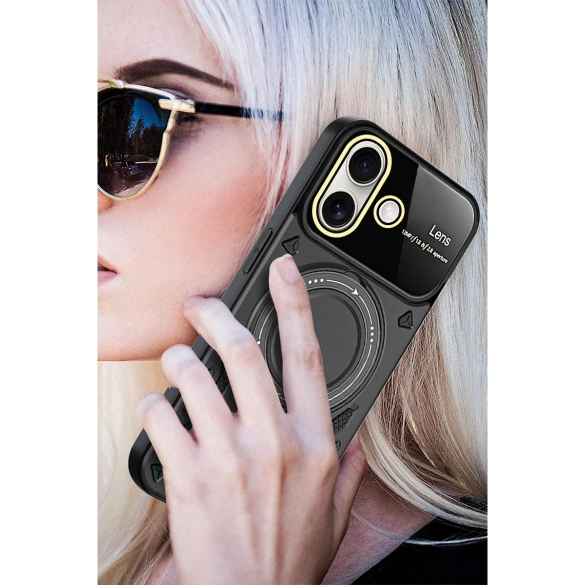 Newface Apple iPhone 16 Kılıf Joy Lens Standlı Kapak - Siyah — görsel 8