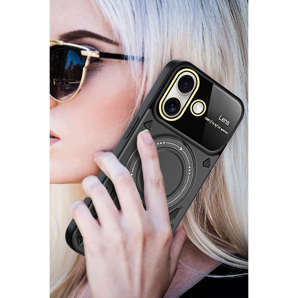 Newface Apple iPhone 16 Kılıf Joy Lens Standlı Kapak - Siyah — görsel 12