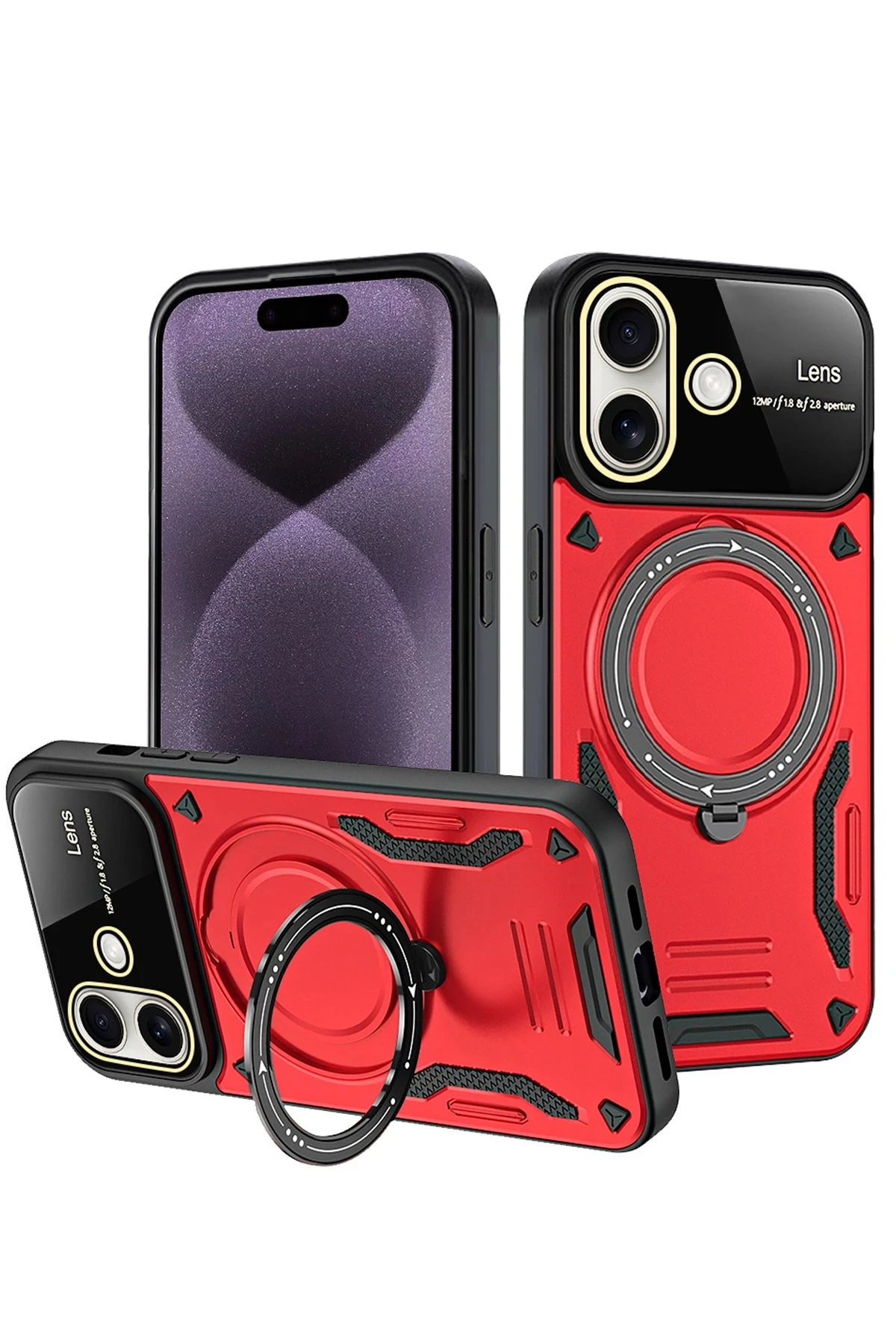 Newface iPhone 16 Kılıf Joy Lens Standlı Kapak - Kırmızı