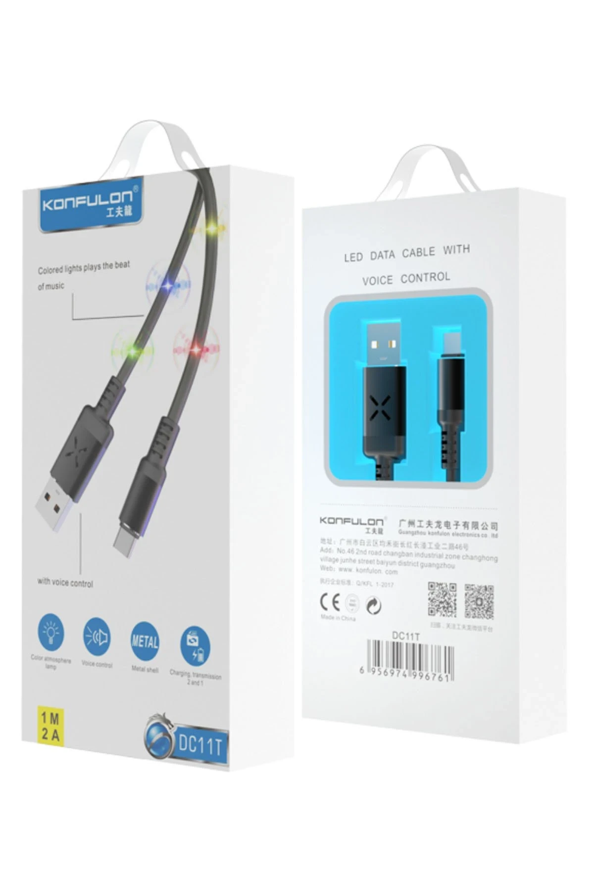 Konfulon DC11 Ses Duyarlı Işıklı Type-C Kablo 1M 2A - Siyah — görsel 2