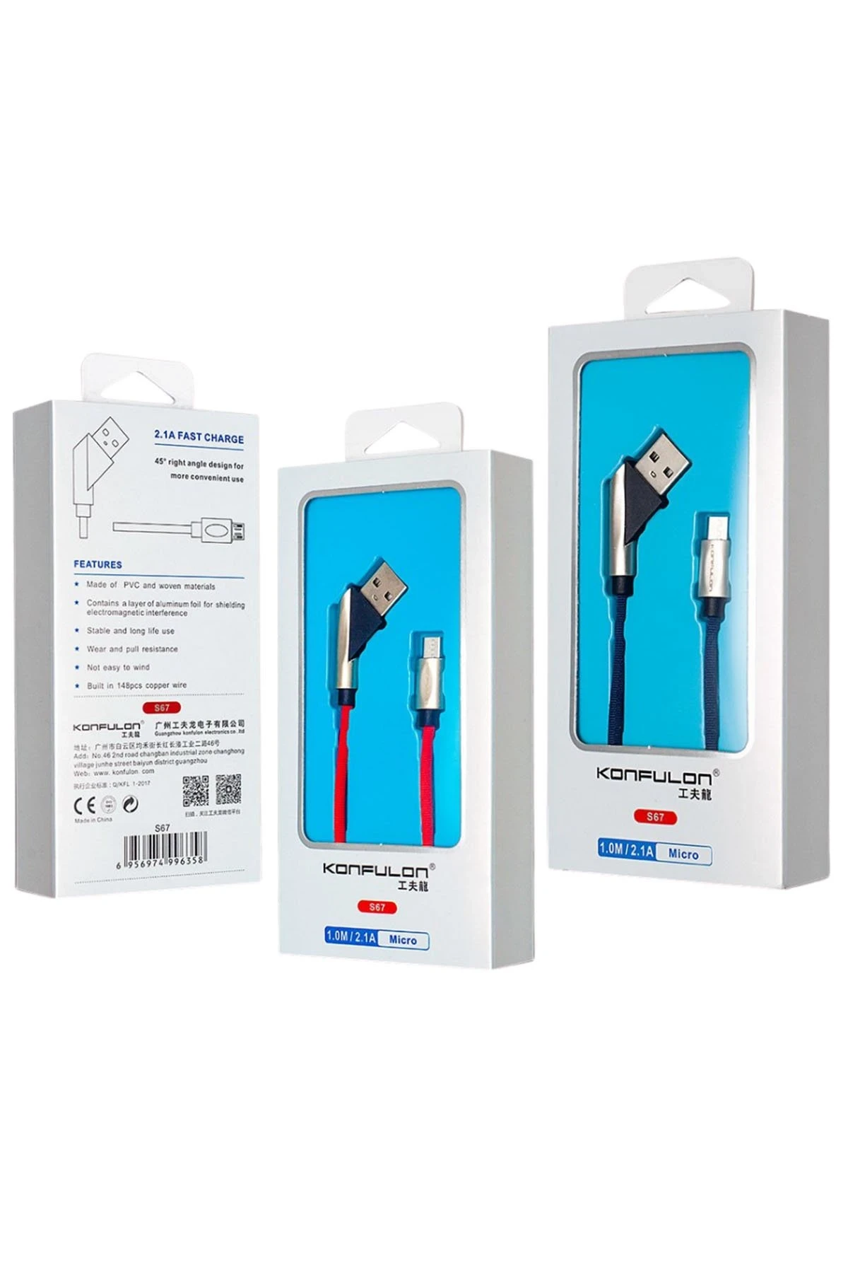Konfulon S67 45 Derece Micro USB Kablo 1M 2.4A - Siyah — görsel 2