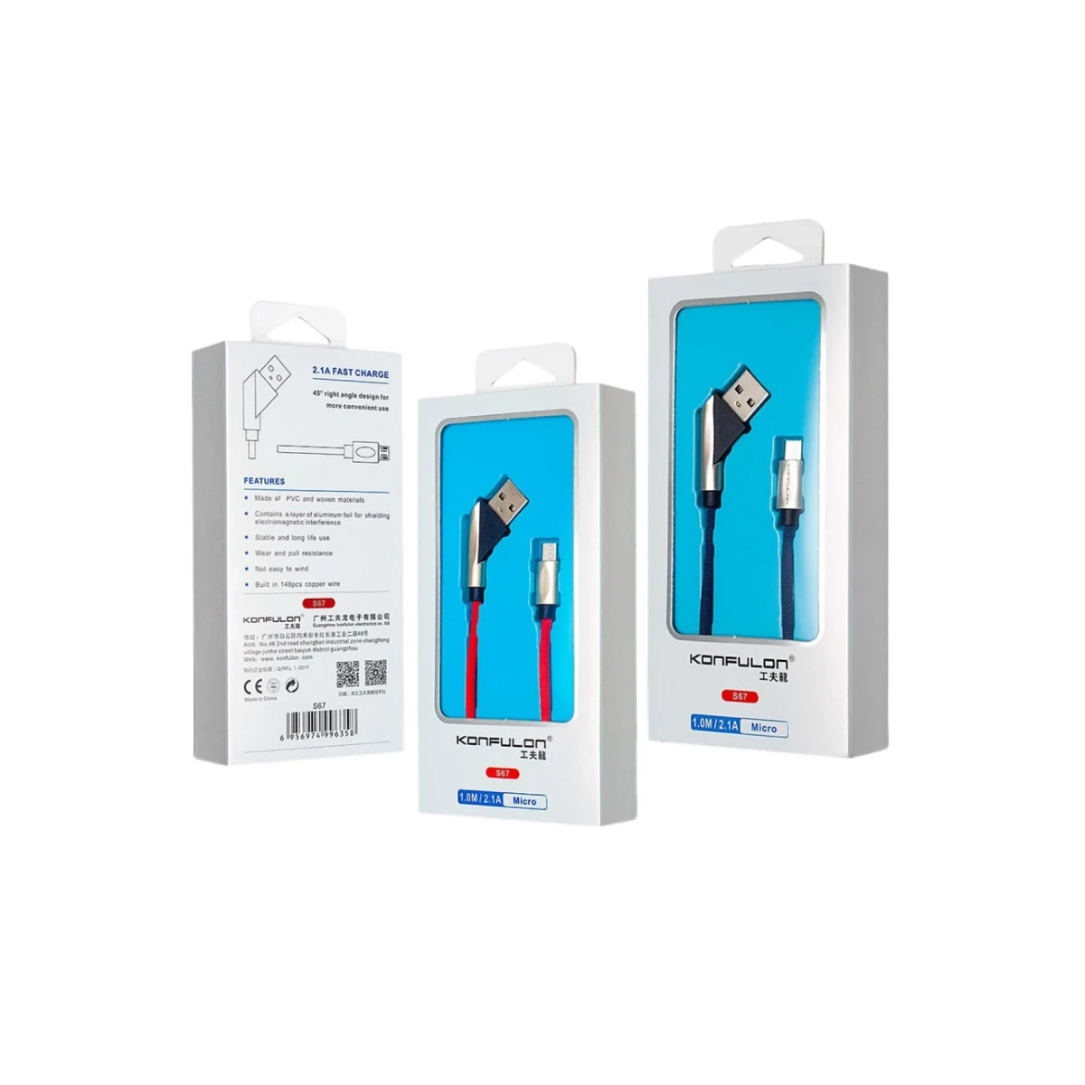 Konfulon S67 45 Derece Micro USB Kablo 1M 2.4A - Siyah — görsel 4