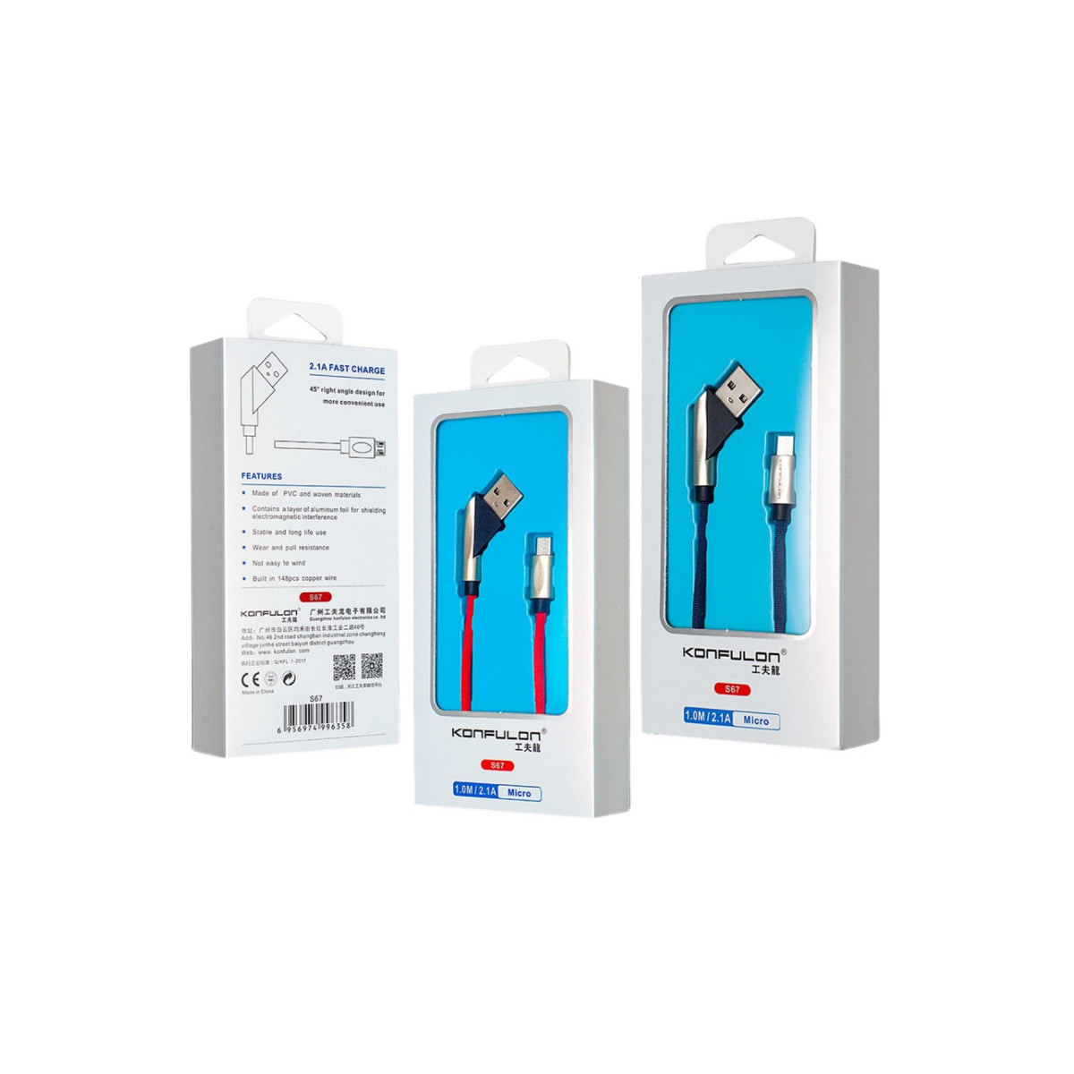 Konfulon S67 45 Derece Micro USB Kablo 1M 2.4A - Siyah — görsel 6