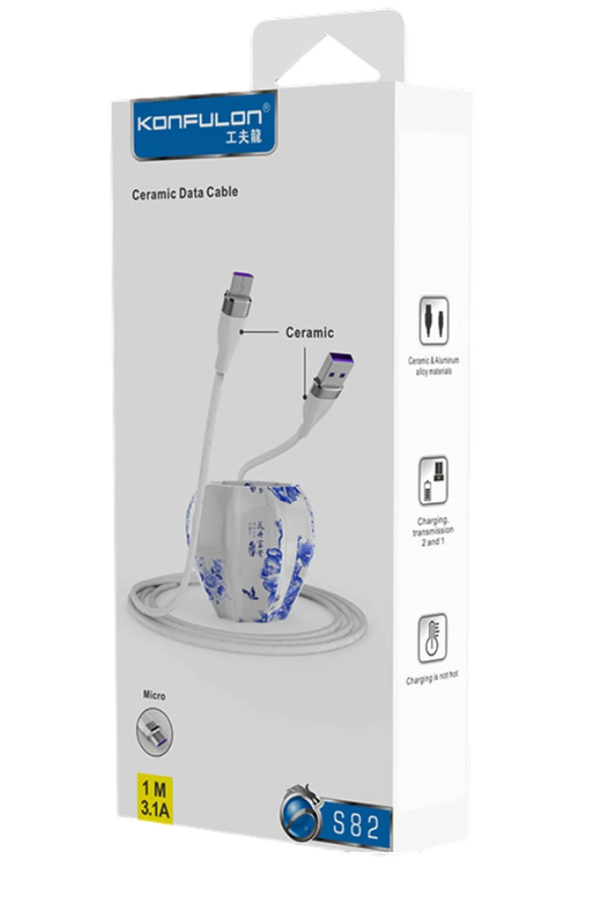 Konfulon S82 Seramik Uçlu Micro USB Kablo 1M 3.1A - Siyah — görsel 2