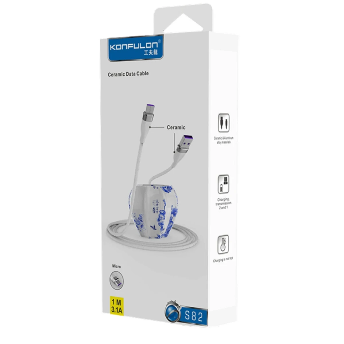 Konfulon S82 Seramik Uçlu Micro USB Kablo 1M 3.1A - Siyah — görsel 4