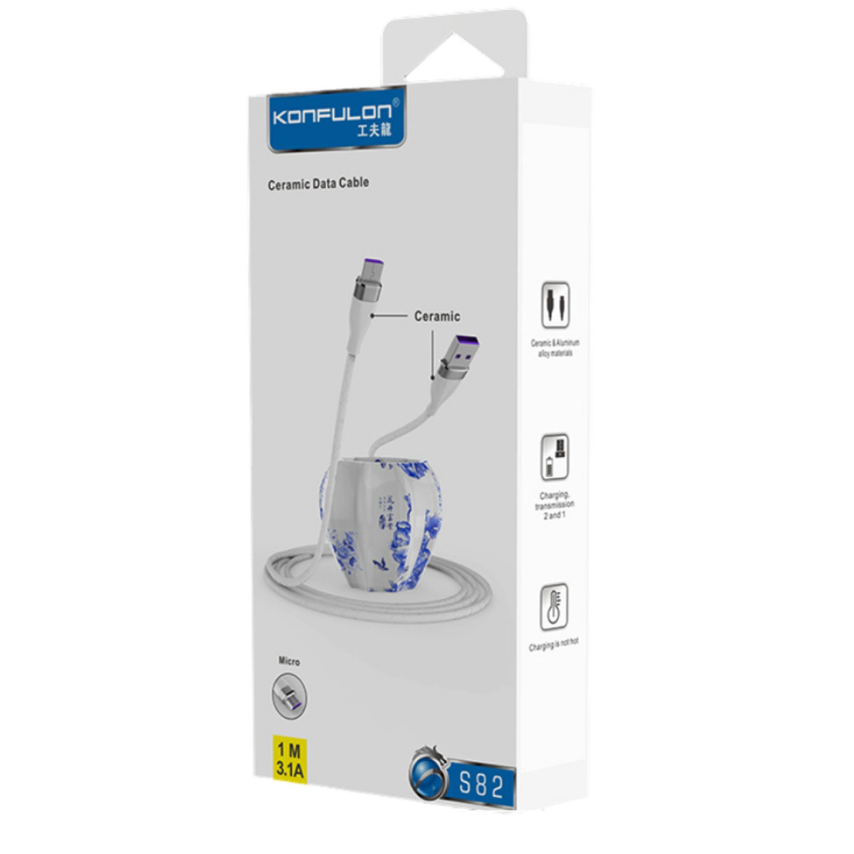 Konfulon S82 Seramik Uçlu Micro USB Kablo 1M 3.1A - Siyah — görsel 6