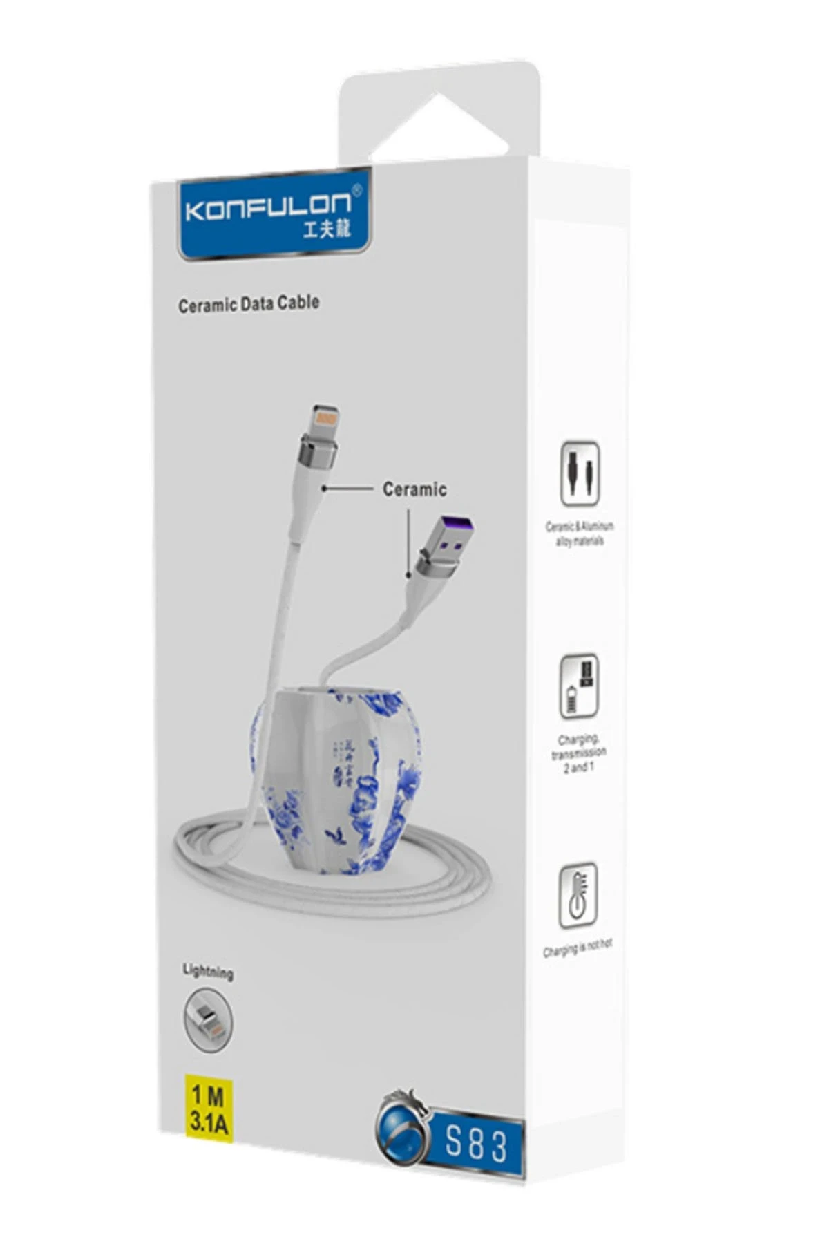 Konfulon S83 Seramik Uçlu Lightning Kablo iphone Uyumlu 1M 3.1A - Siyah — görsel 2