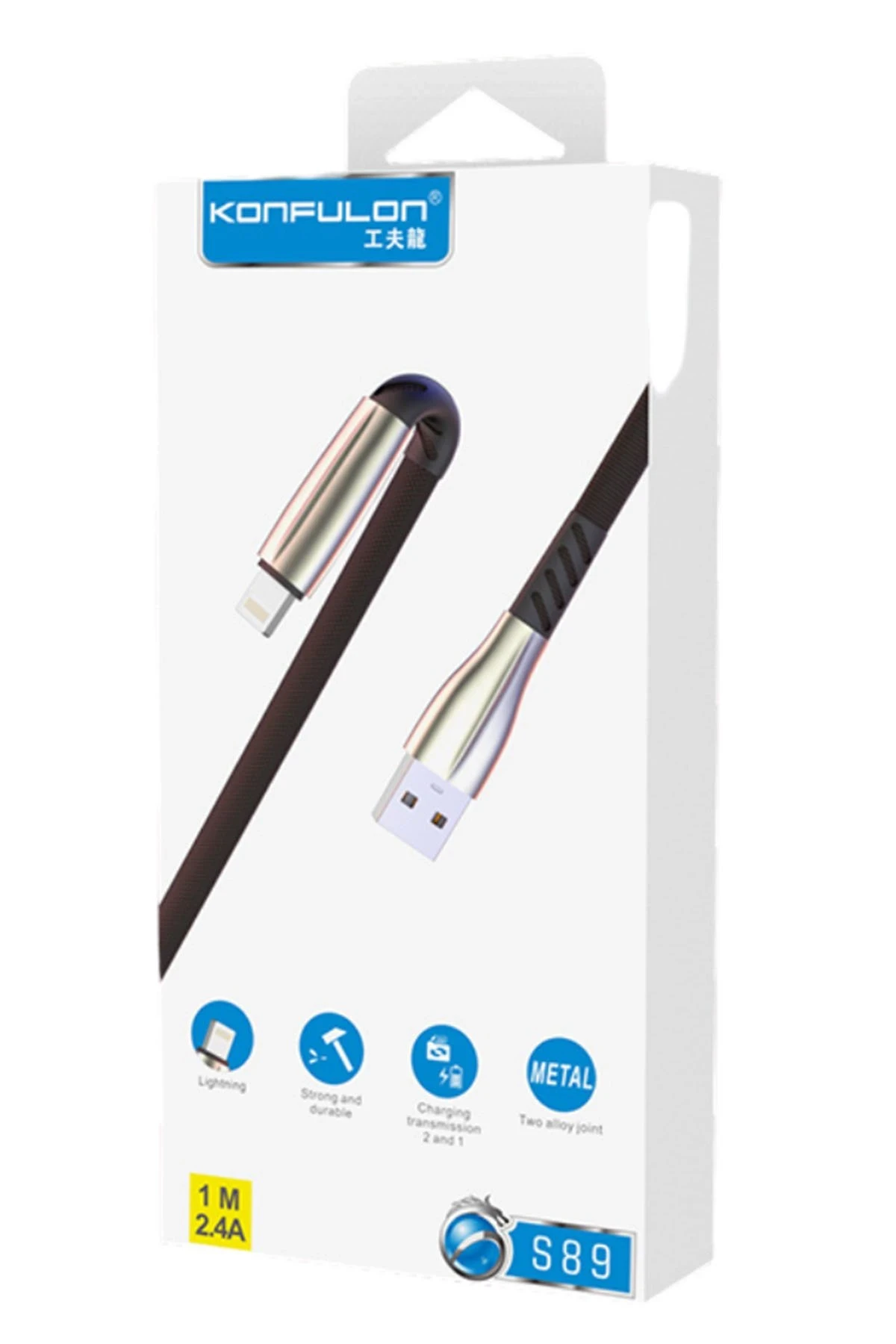 Konfulon S89 Metal Uçlu Lightning Kablo iphone Uyumlu 1M 2.4A - Siyah — görsel 2