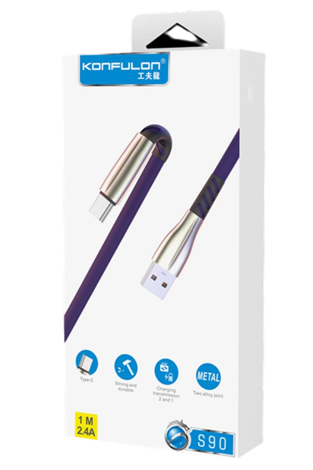 Konfulon S90 Metal Uçlu Type-C Kablo 1M 2.4A - Siyah — görsel 2