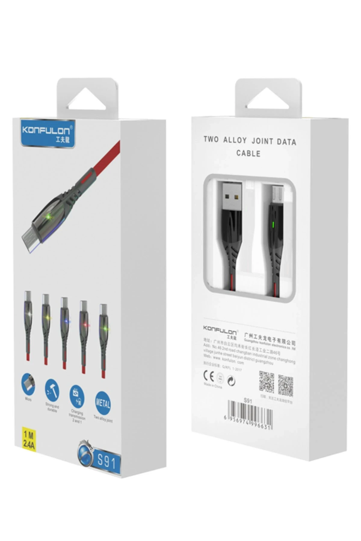 Konfulon S91 Ledli Micro USB Kablo 1M 2.4A - Siyah — görsel 2