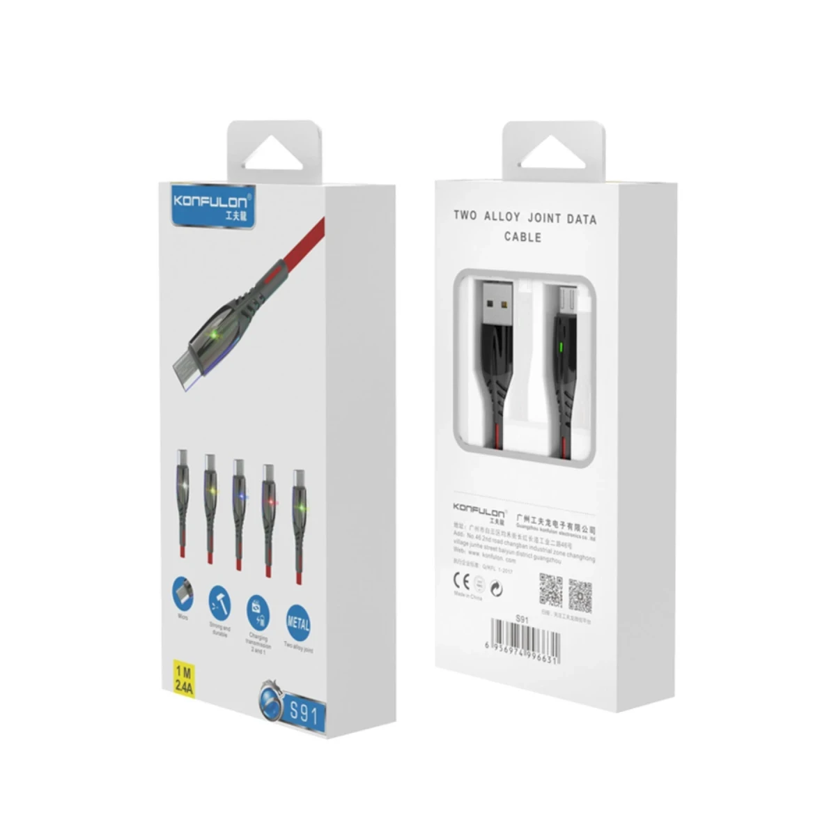 Konfulon S91 Ledli Micro USB Kablo 1M 2.4A - Siyah — görsel 4