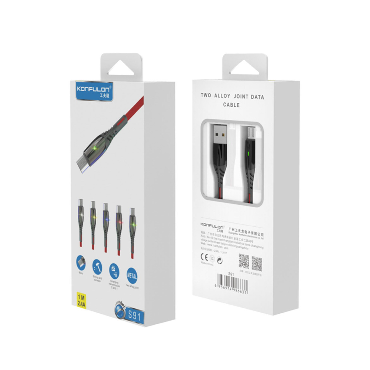 Konfulon S91 Ledli Micro USB Kablo 1M 2.4A - Siyah — görsel 6