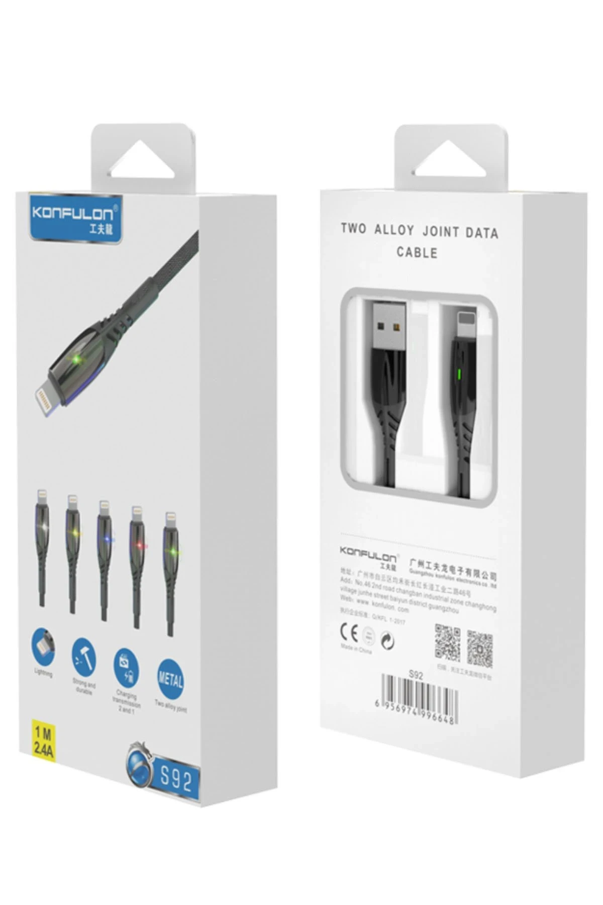 Konfulon S92 Ledli Lightning Kablo iphone Uyumlu 1M 3A - Siyah — görsel 2