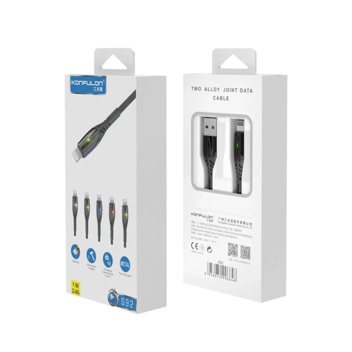 Konfulon S92 Ledli Lightning Kablo iphone Uyumlu 1M 3A - Siyah — görsel 4
