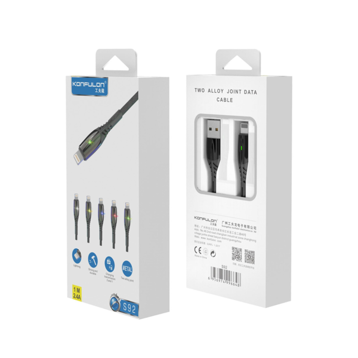 Konfulon S92 Ledli Lightning Kablo iphone Uyumlu 1M 3A - Siyah — görsel 6