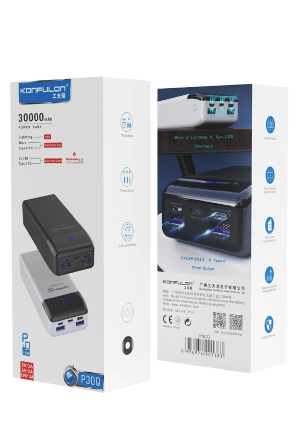 Konfulon P30Q Dijital Ekranlı Powerbank 30.000 mAh PD 18W Hızlı Şarj - Siyah — görsel 2