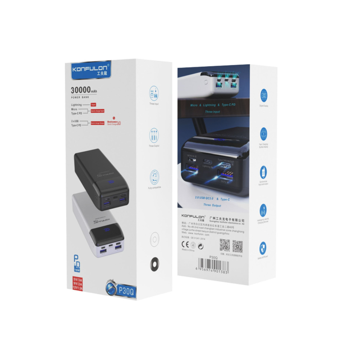 Konfulon P30Q Dijital Ekranlı Powerbank 30.000 mAh PD 18W Hızlı Şarj - Siyah — görsel 6