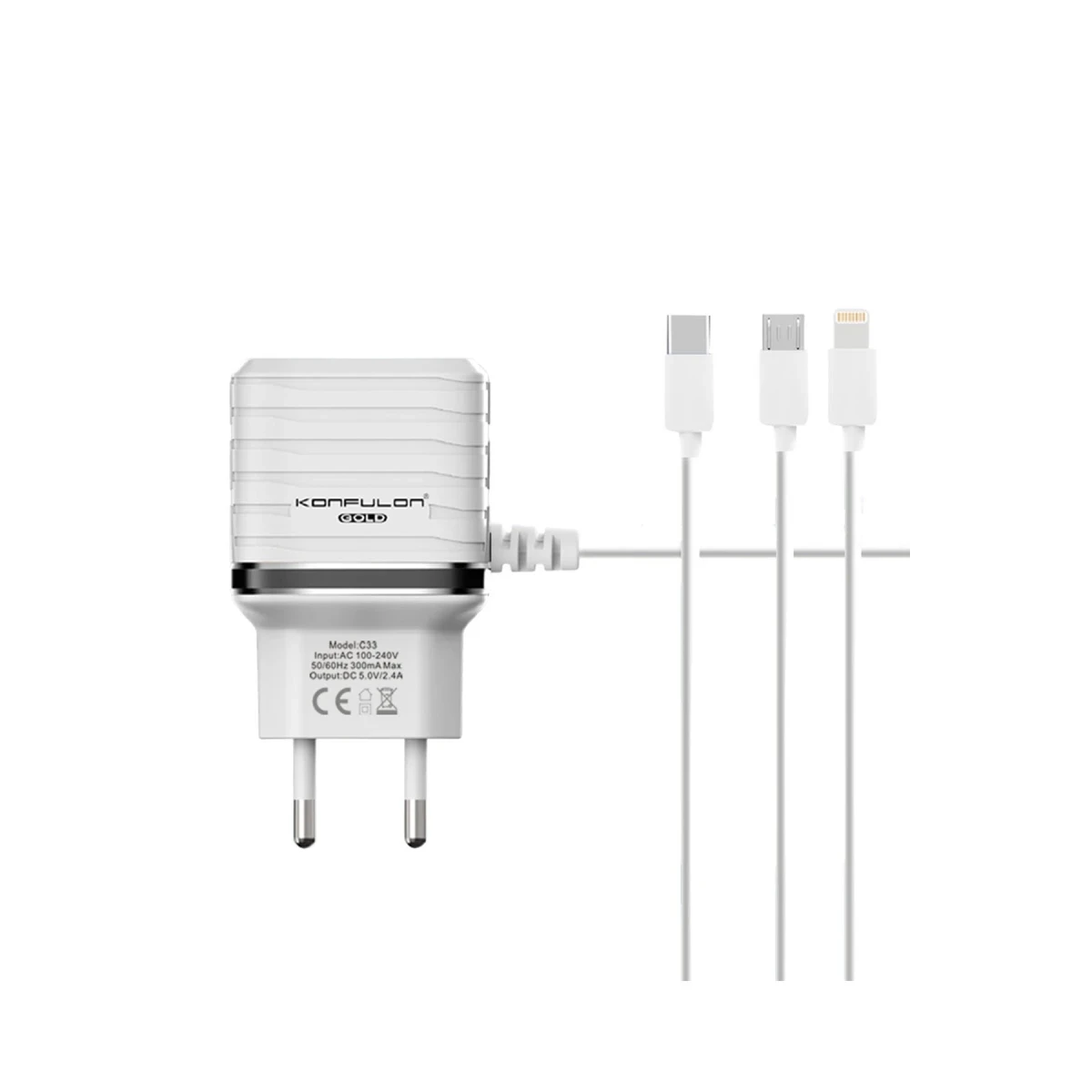 Konfulon C33 Hızlı Şarj Cihazı 3in1 (Dahili Micro USB Kablolu) — görsel 3