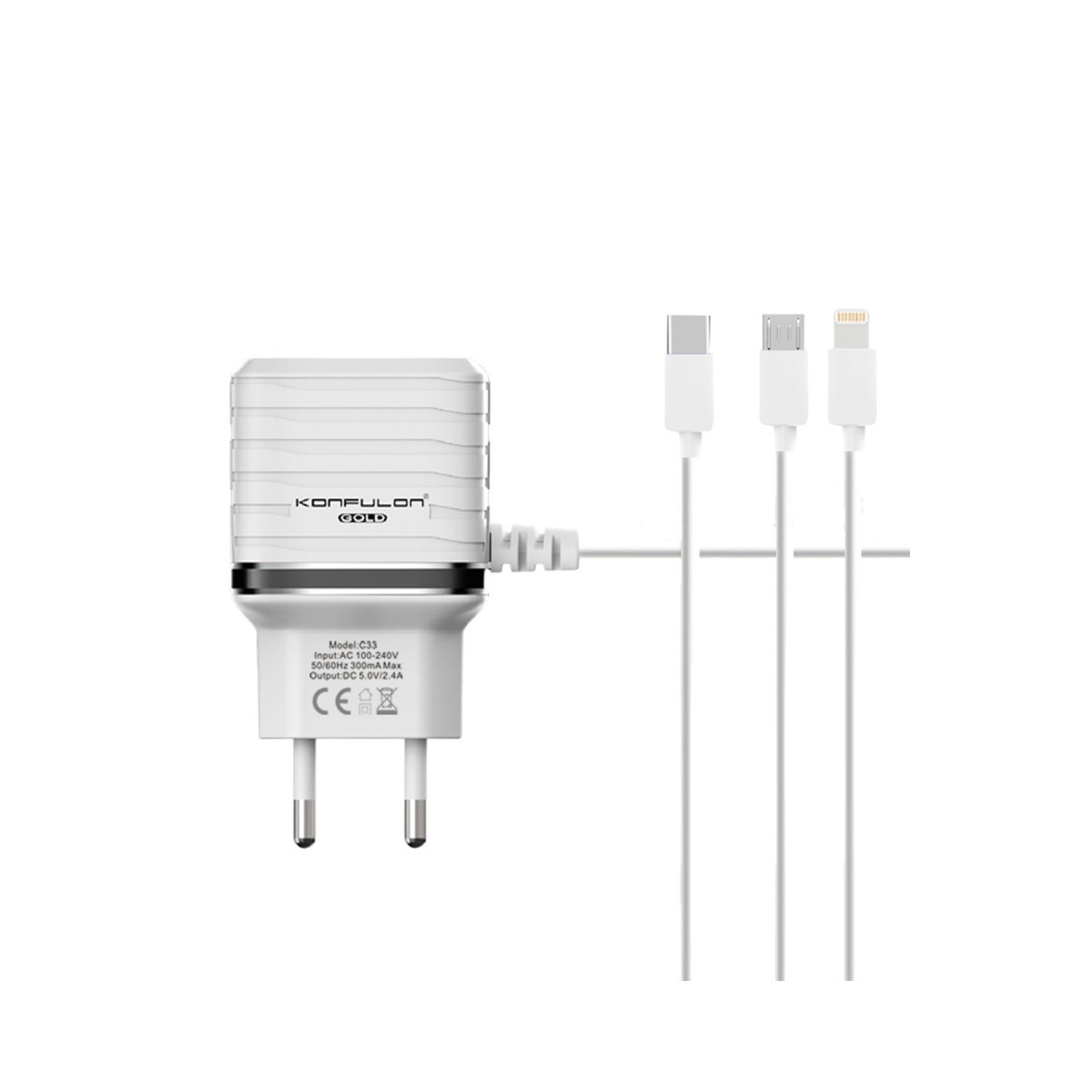 Konfulon C33 Hızlı Şarj Cihazı 3in1 (Dahili Micro USB Kablolu) — görsel 5