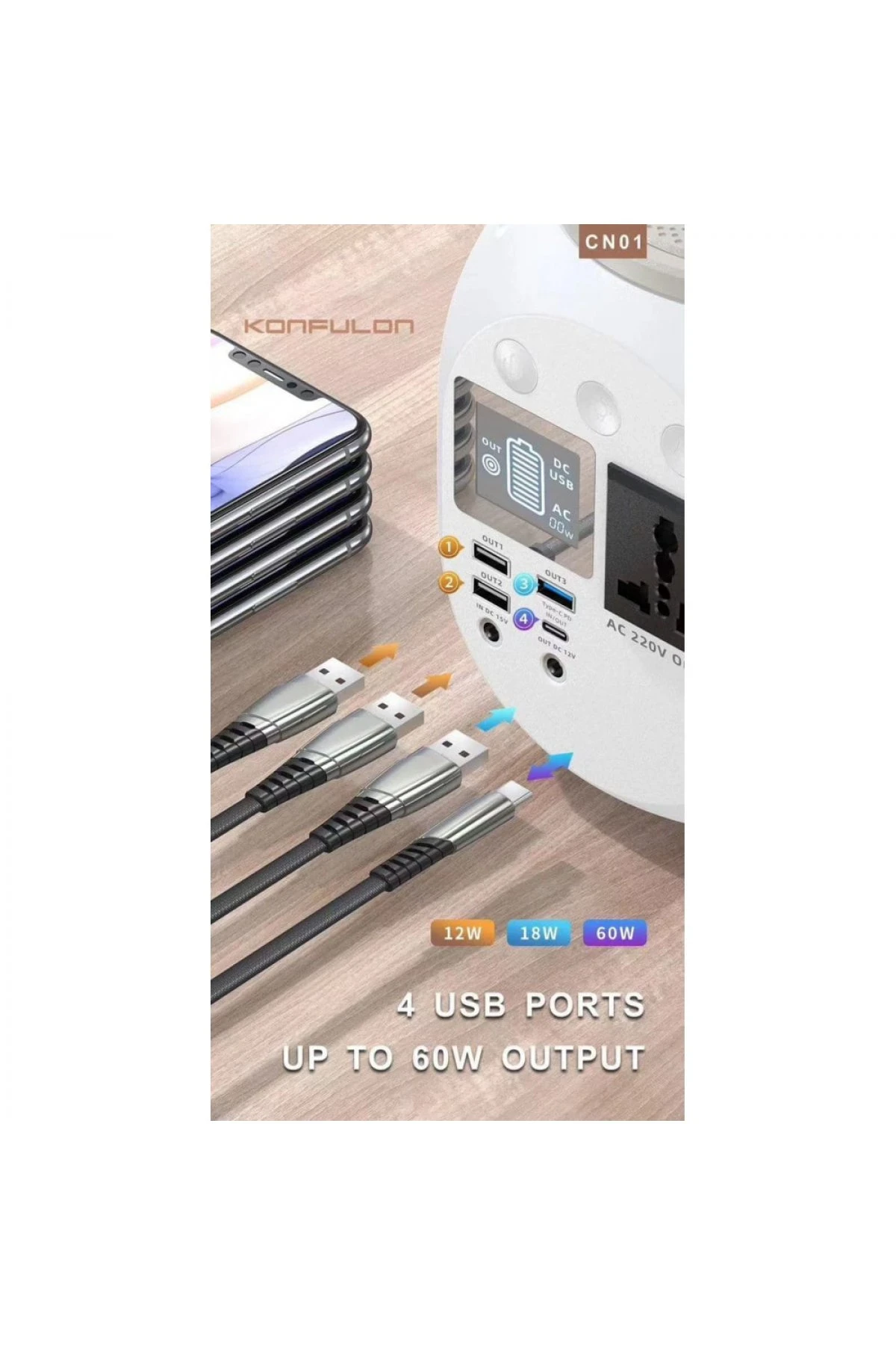 Konfulon CN01 Powerbank 45.000 mAh Kamp Şarj PD - Siyah — görsel 2