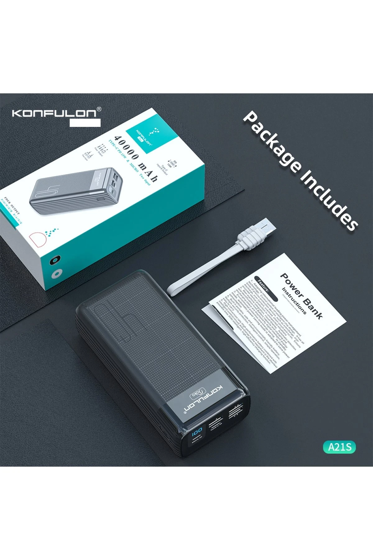 Konfulon A21S Led Işıklı Powerbank 40.000 mAh - Siyah — görsel 2