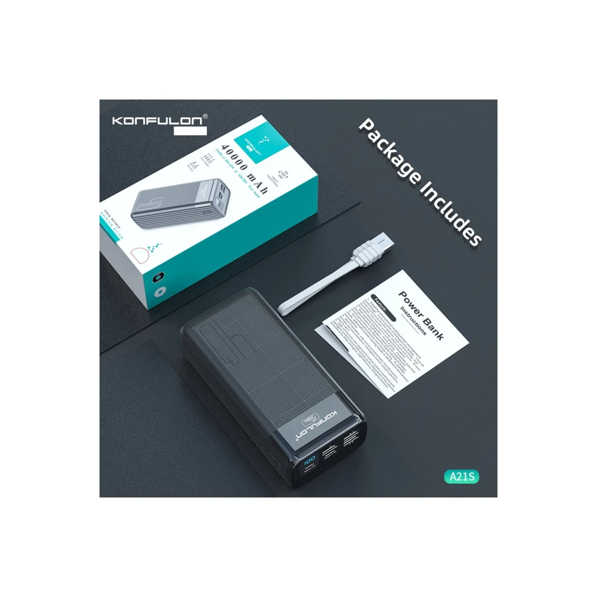 Konfulon A21S Led Işıklı Powerbank 40.000 mAh - Siyah — görsel 4