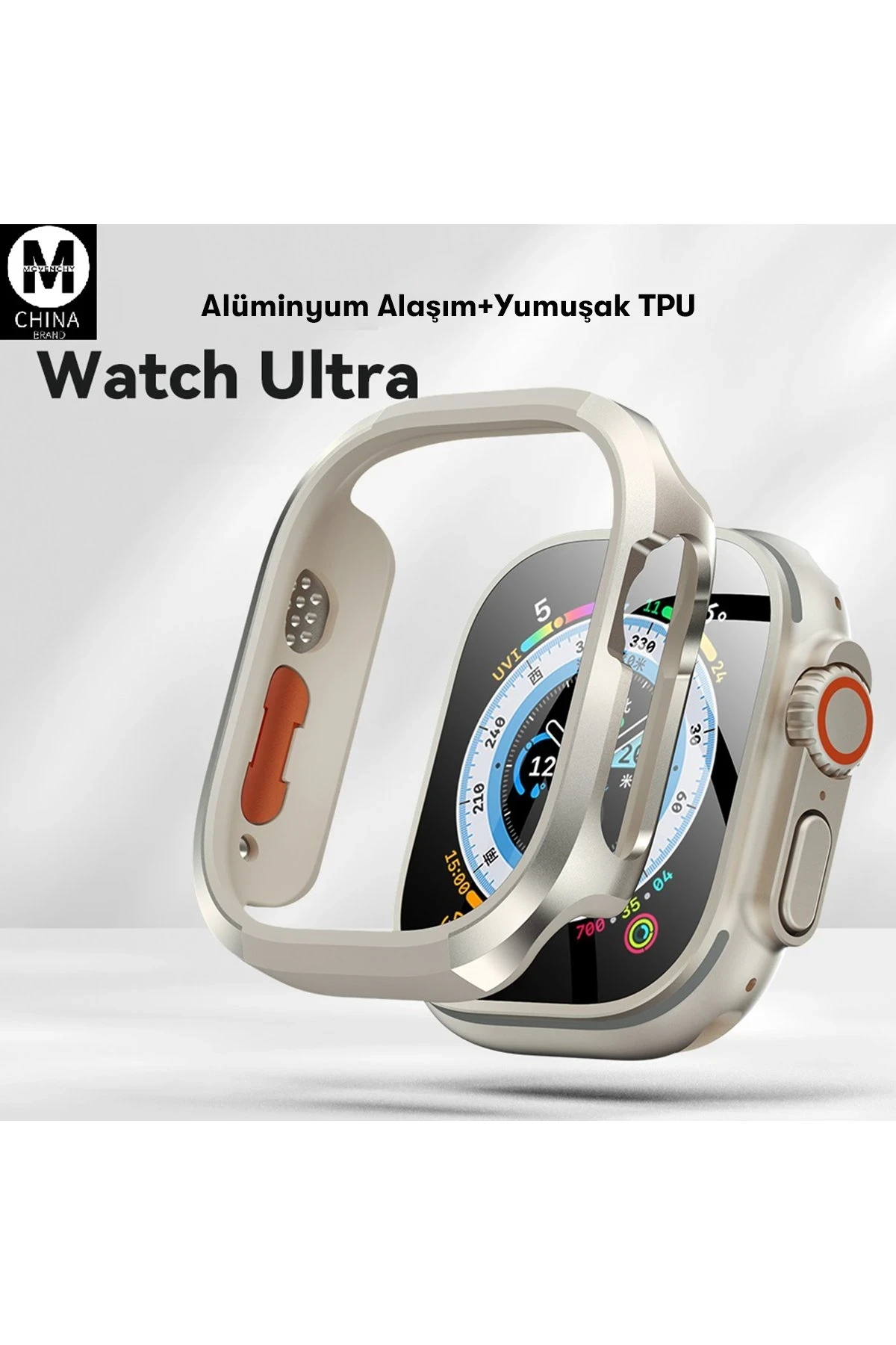 Movenchy Apple Watch Ultra 49mm MO-WT3 Alüminyum Camlı Kasa Ekran Koruyucu - Gold — görsel 2