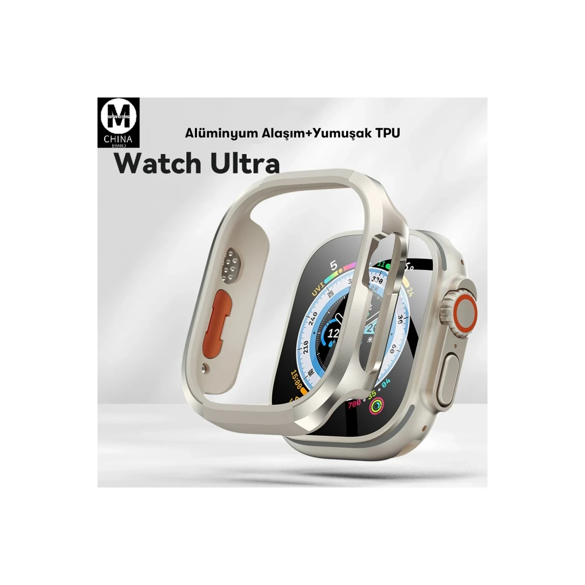 Movenchy Apple Watch Ultra 49mm MO-WT3 Alüminyum Camlı Kasa Ekran Koruyucu - Gold — görsel 7