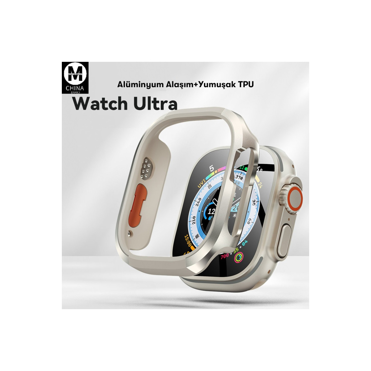 Movenchy Apple Watch Ultra 49mm MO-WT3 Alüminyum Camlı Kasa Ekran Koruyucu - Gold — görsel 12