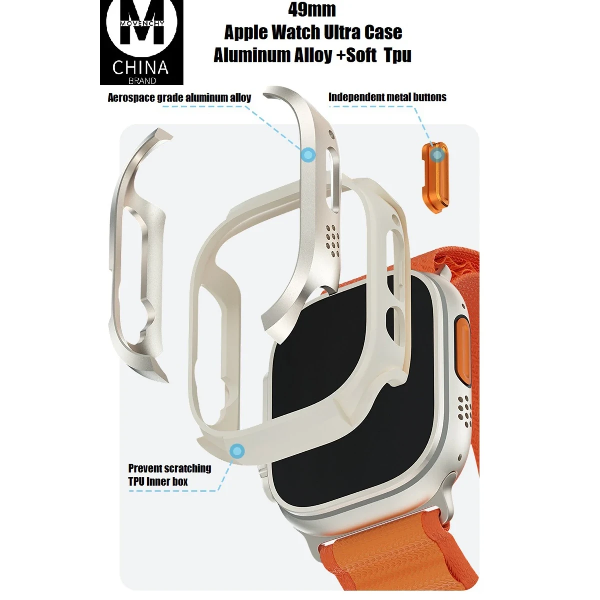 Movenchy Apple Watch Ultra 49mm MO-WT3 Alüminyum Camlı Kasa Ekran Koruyucu - Gold — görsel 10