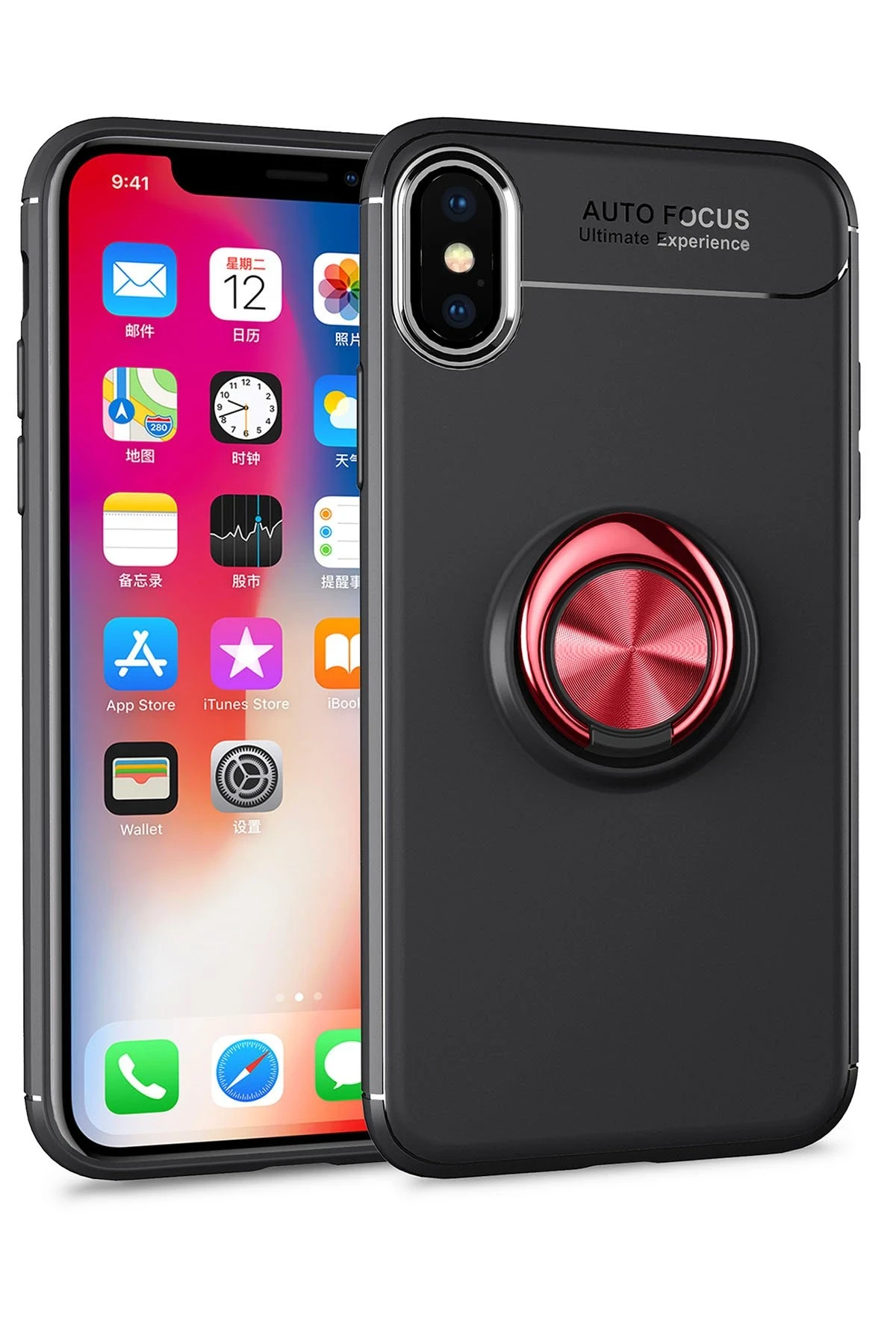 Newface Apple iPhone XS Kılıf Range Yüzüklü Silikon - Siyah-Kırmızı