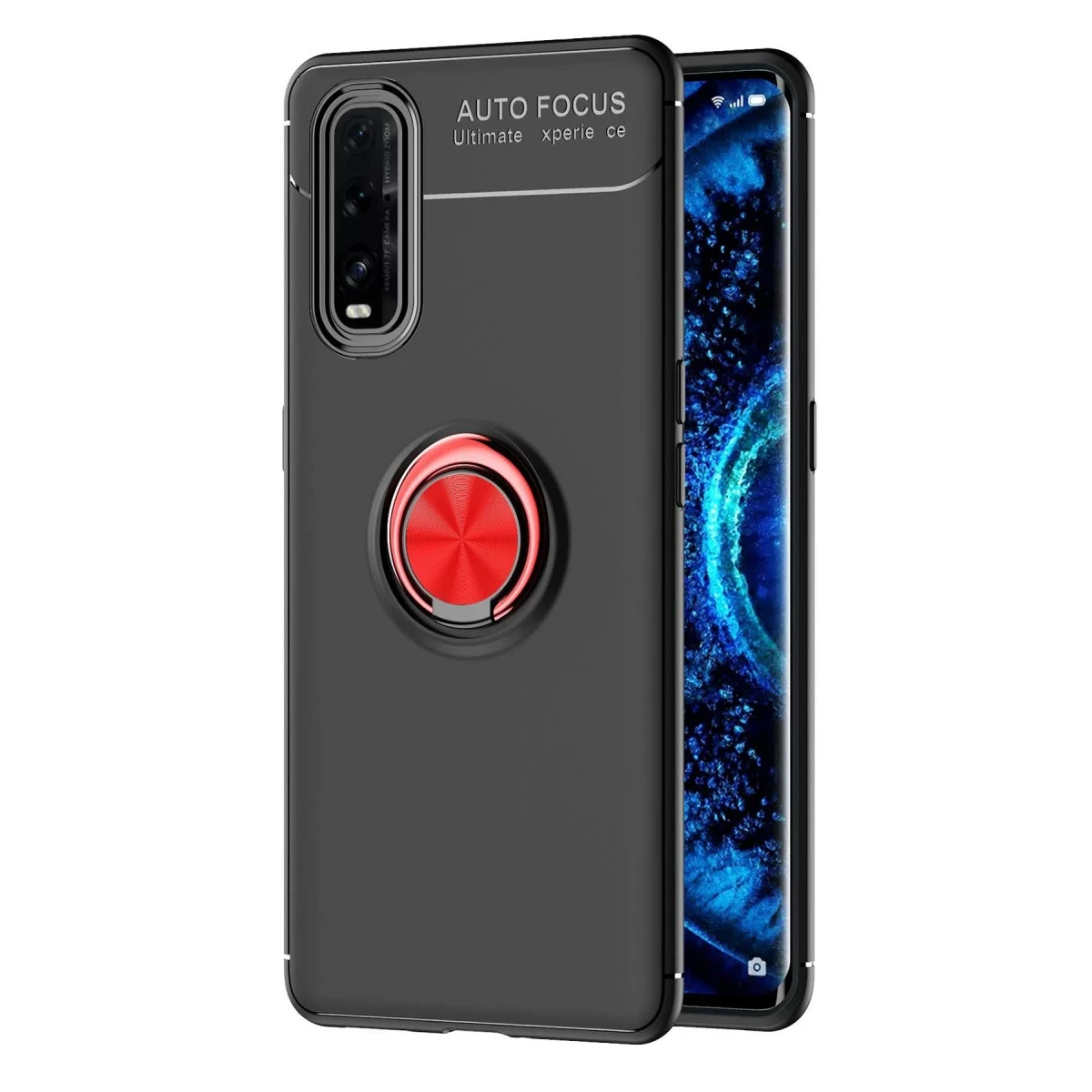 Newface Oppo Find X2 Kılıf Range Yüzüklü Silikon - Siyah-Kırmızı