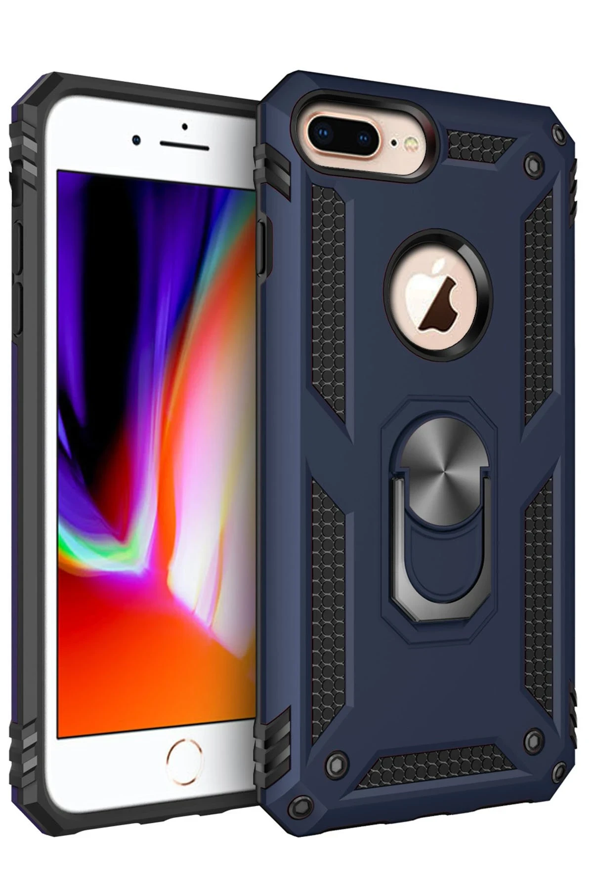 Newface Apple iPhone 7 Plus Kılıf Sofya Yüzüklü Silikon Kapak - Lacivert