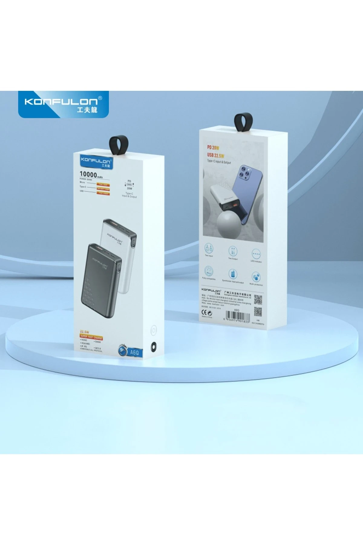 Konfulon A6Q 22.5W Usb 3.0 ve 20W Type-C Çıkışlı 10.000 mAh PD Powerbank - Siyah — görsel 2
