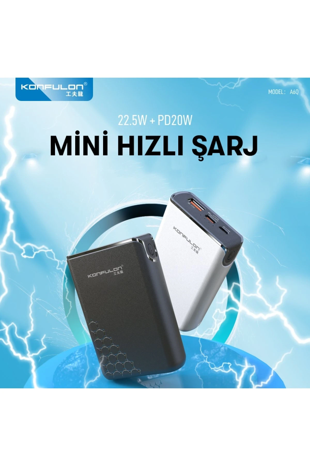 Konfulon A6Q 22.5W Usb 3.0 ve 20W Type-C Çıkışlı 10.000 mAh PD Powerbank - Siyah — görsel 3