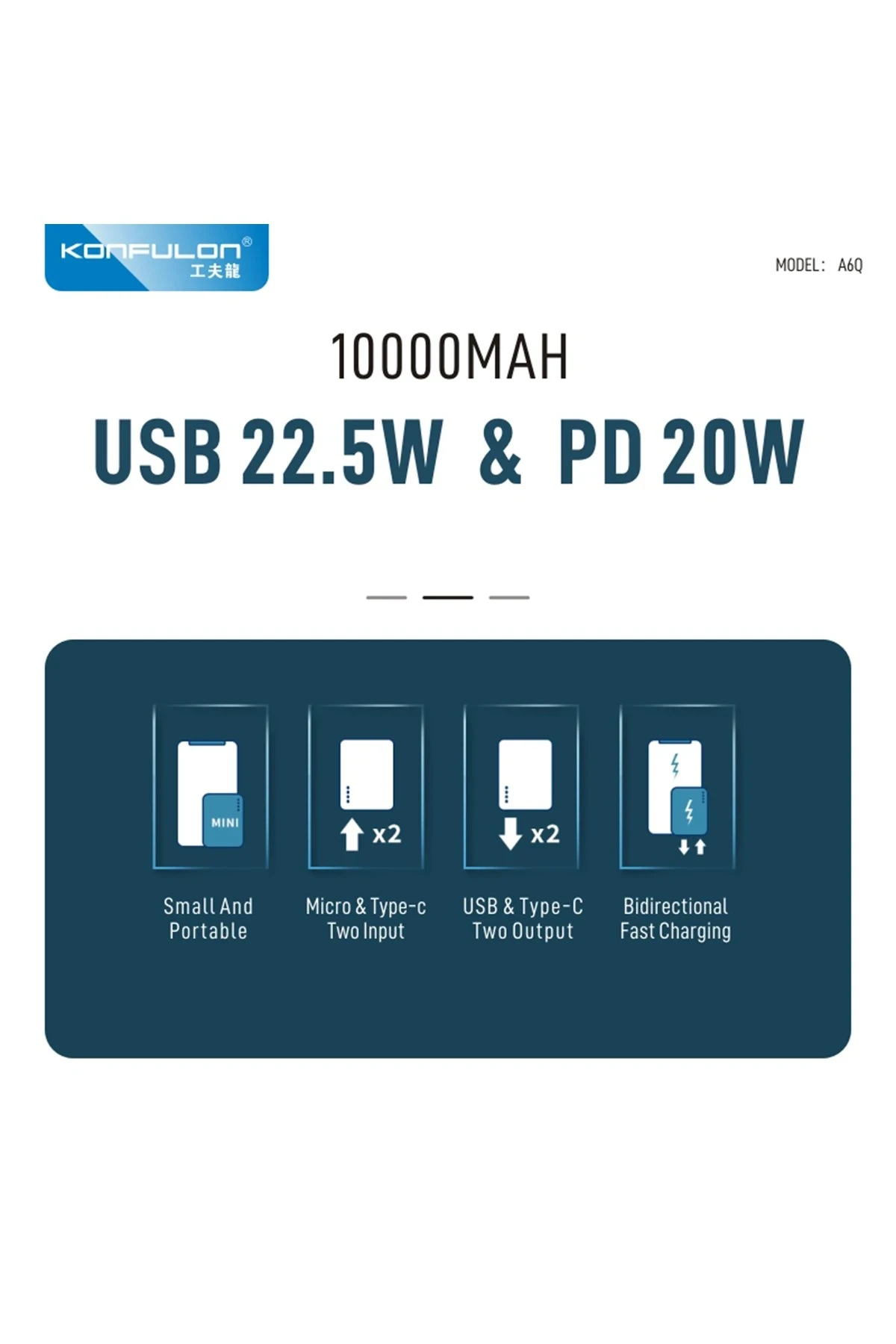 Konfulon A6Q 22.5W Usb 3.0 ve 20W Type-C Çıkışlı 10.000 mAh PD Powerbank - Siyah — görsel 4