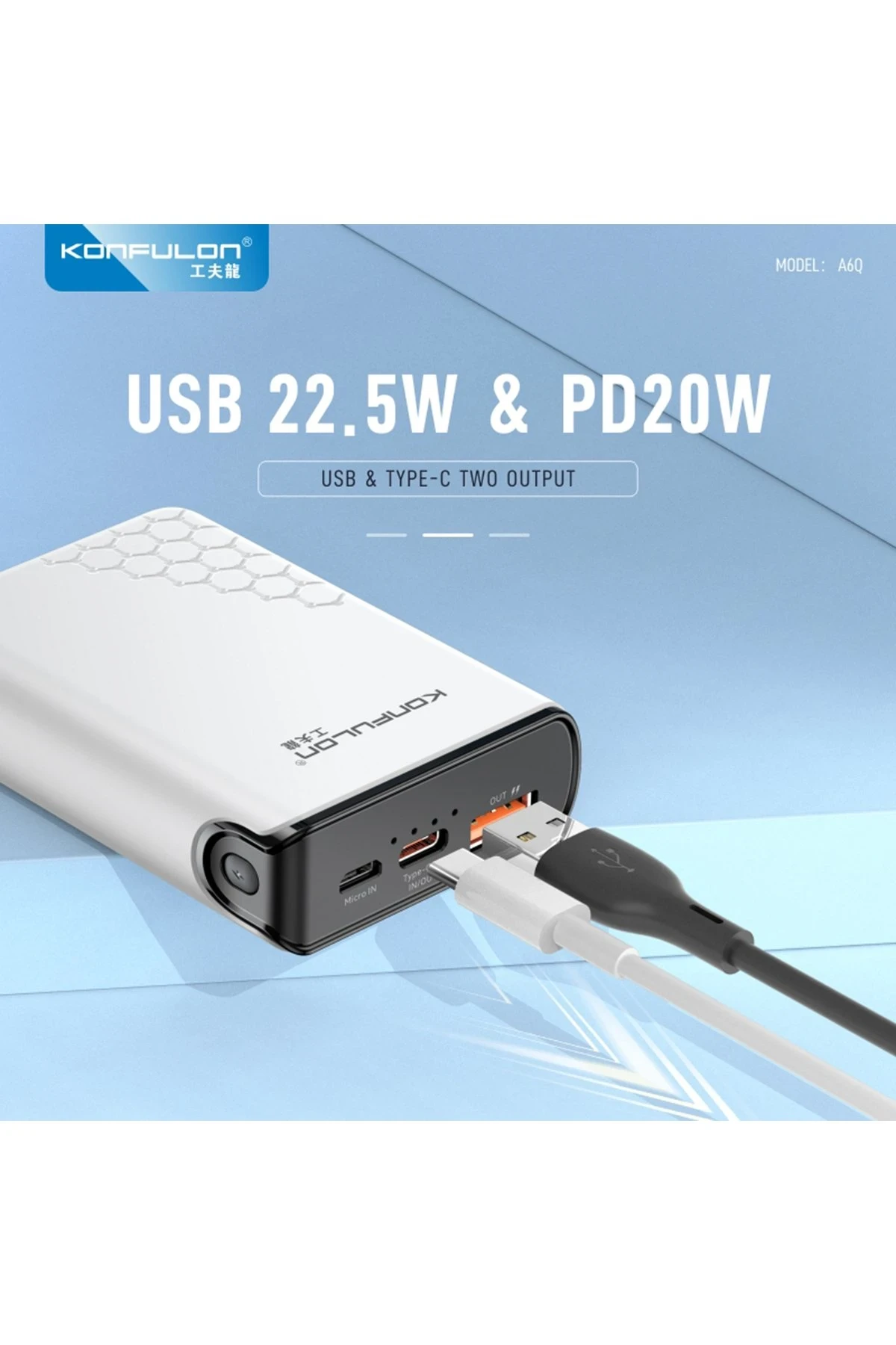 Konfulon A6Q 22.5W Usb 3.0 ve 20W Type-C Çıkışlı 10.000 mAh PD Powerbank - Siyah — görsel 6