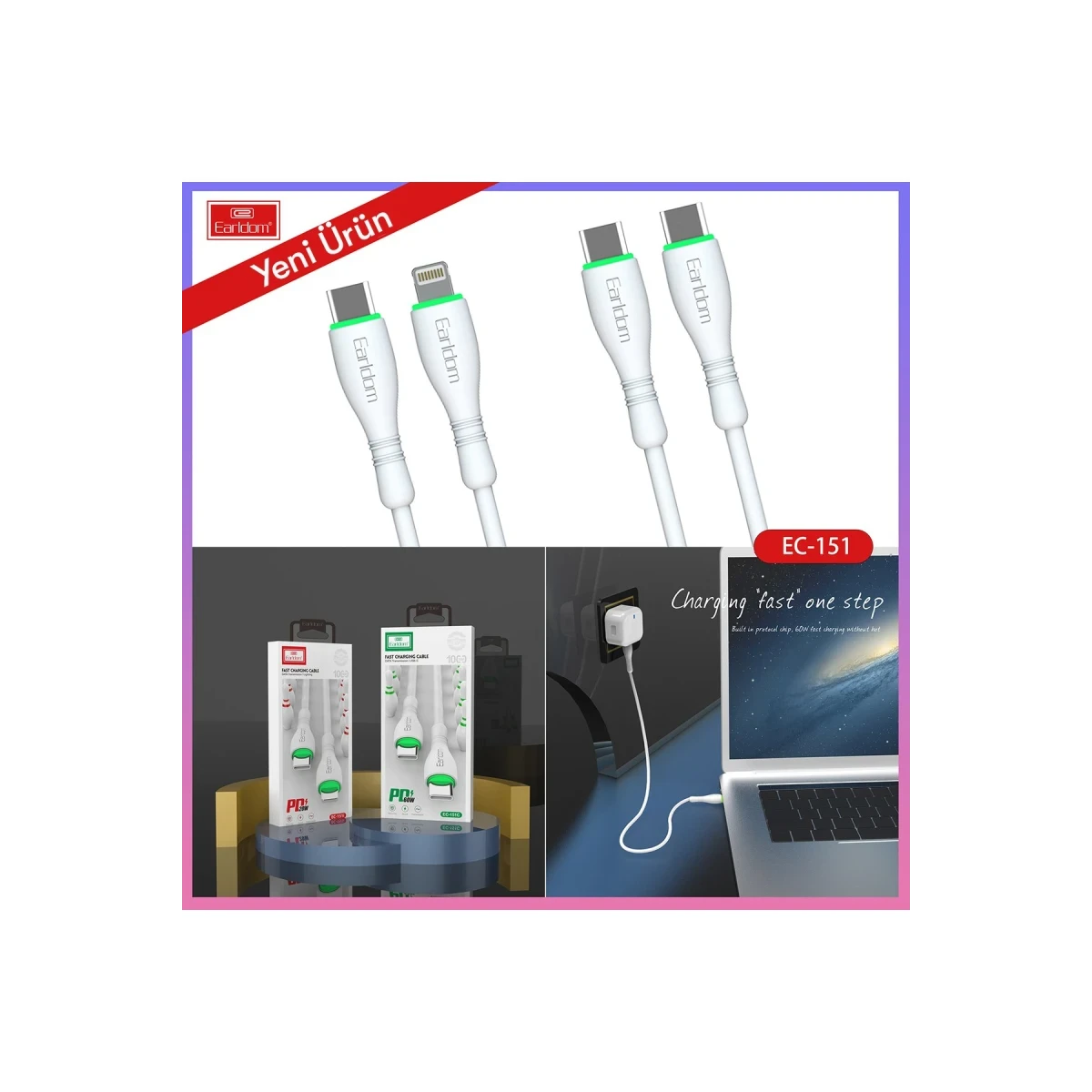 Earldom EC-151i PD 20W Type-C to Lightning 1M Hızlı Şarj Kablosu - Beyaz