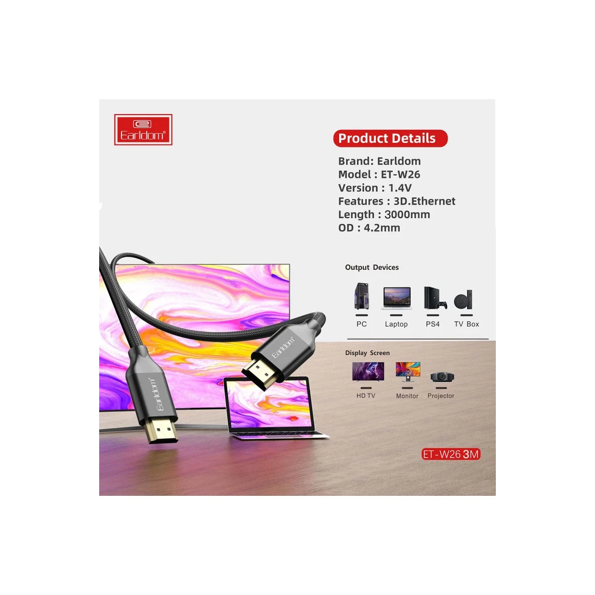 Earldom W26 3M 4K Altın Uçlu Hasır HDMI Kablo - Siyah