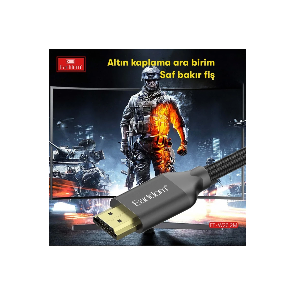Earldom W26 2m 4K Altın Uçlu Hasır HDMI Kablo - Siyah
