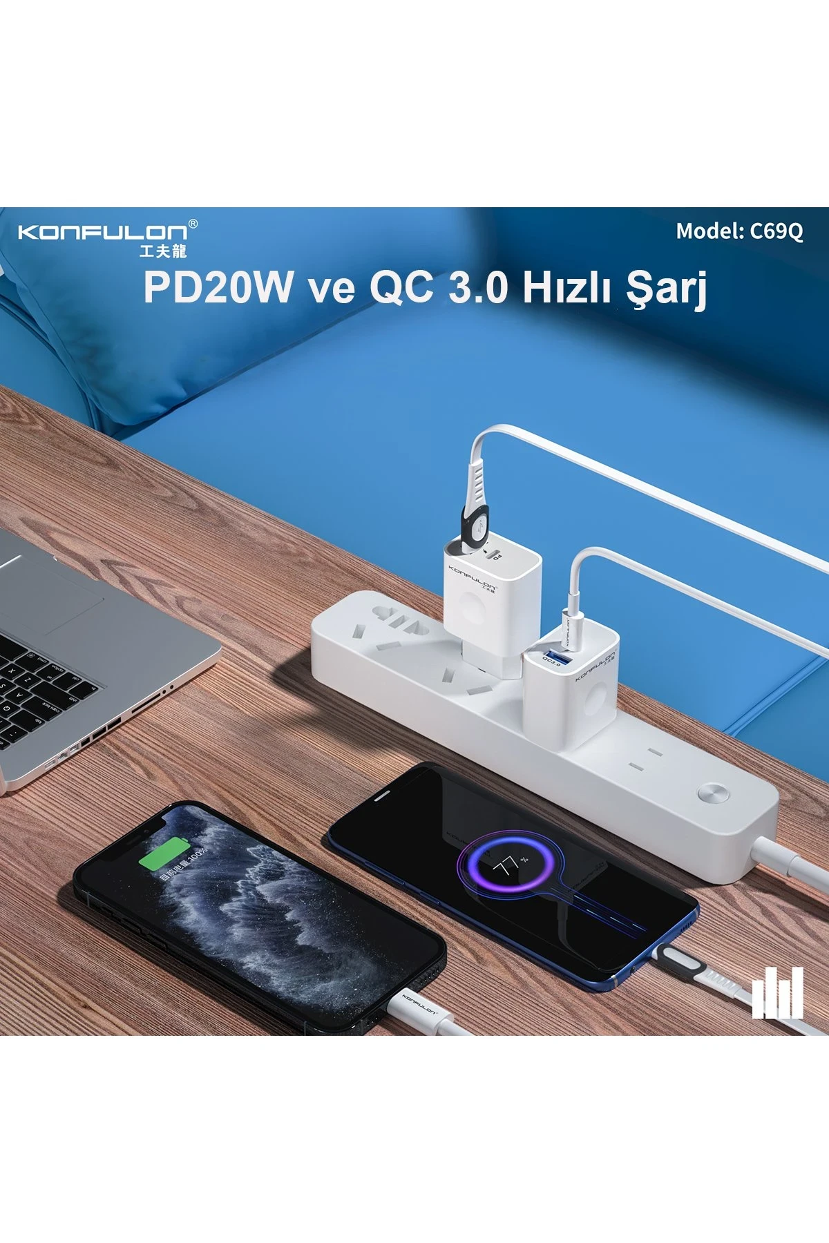 Konfulon C69Q 1 Adet 20W Type-C ve 1 Adet 18W Usb 3.0 Çıkışlı PD Şarj Cihazı — görsel 2